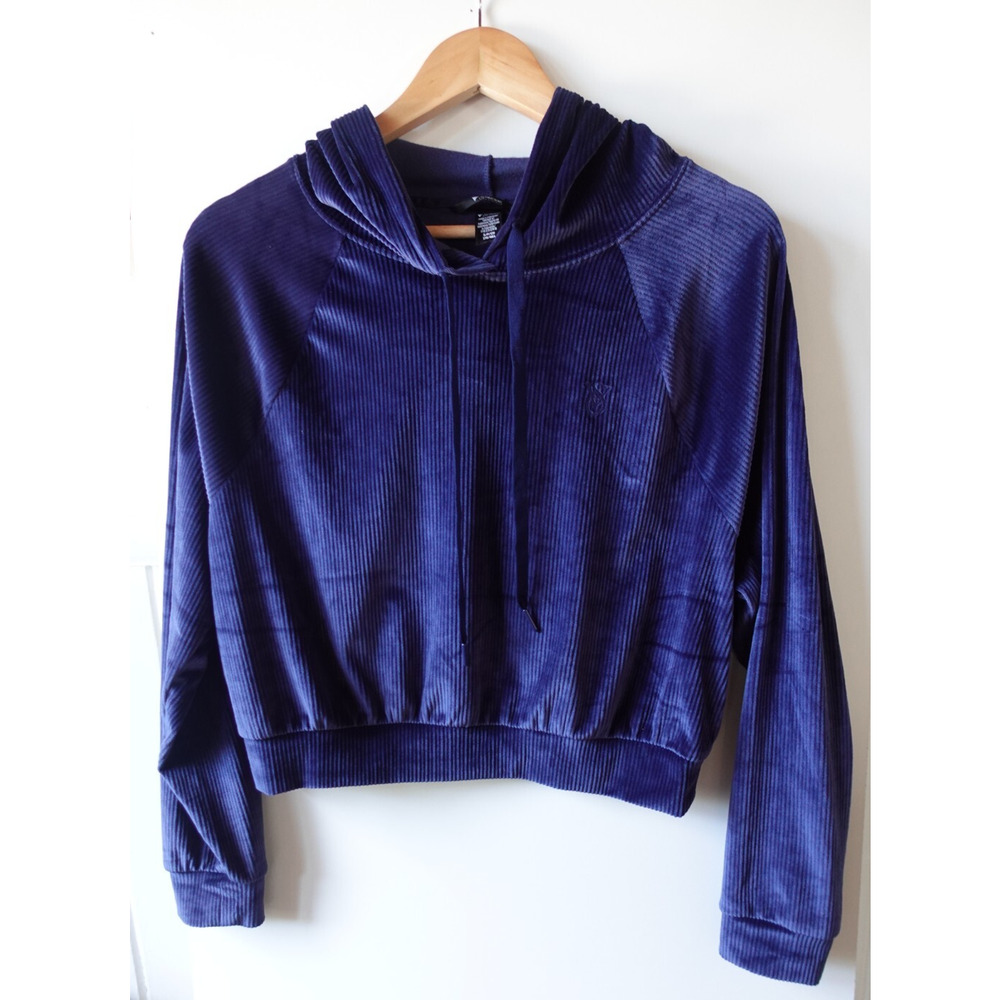 Victorias Secret Hoodie Small Blue On Point Velour‎ Ribbed Cropped Pullover Soft